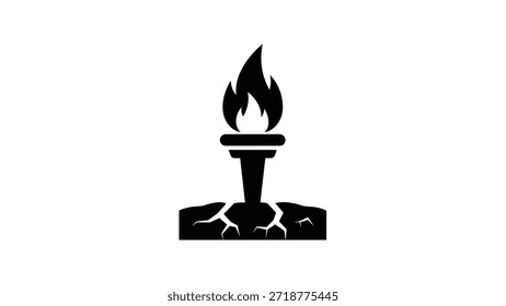 Un llamativo icono en blanco y negro con una antorcha con una llama vibrante, firmemente plantada en un suelo agrietado, que representa la resistencia, el poder y el espíritu duradero.