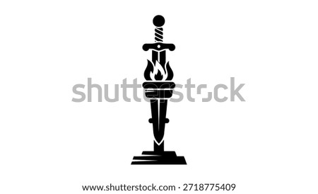 A striking black and white icon featuring a sword with flames emanating from its hilt, standing upright on a base, symbolizing power and passion.