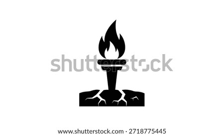 A striking black and white icon featuring a torch with a vibrant flame, firmly planted in cracked ground, representing resilience, power, and the enduring spirit.