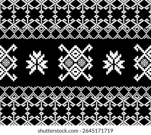 Striking black and white ikat pattern with pixel precision and bold contrast. A dramatic version of ethnic motif design.
