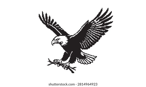 A striking black and white illustration of a bald eagle in mid-flight, its wings spread wide and talons reaching out.