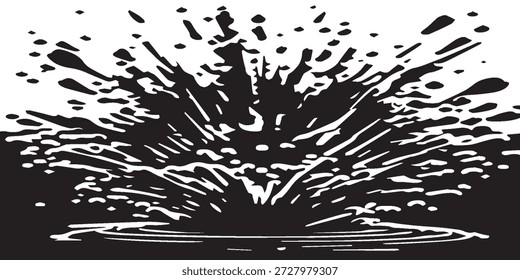 A striking black and white illustration capturing the explosive moment of an ink splash, with droplets radiating outwards from a central impact point, creating a sense of energetic movement and abstr.