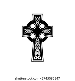 A striking black and white illustration of a Celtic cross, featuring detailed knotwork patterns within its arms and central ring.