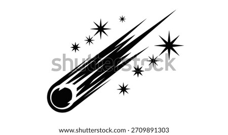 A striking black and white illustration of a comet with a long, streaking tail, surrounded by various sizes of sparkling stars, set against a clean white background.