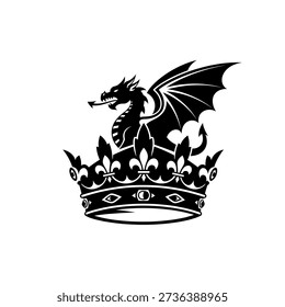 A striking black and white illustration of a dragon perched atop a regal crown, symbolizing power and fantasy.