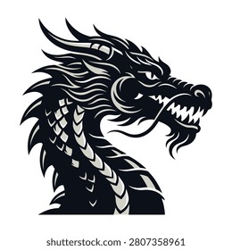 A striking black and white illustration of a dragon's head with sharp teeth and scales mythical creature