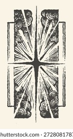 Una llamativa ilustración en blanco y negro presenta un motivo central de estallido estelar con líneas radiantes y Elementos decorativos en forma de nube.