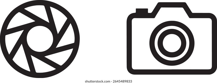 Striking Black and White Illustration Featuring Camera Lens Aperture and a Stylized Camera Icon for Photography Concepts