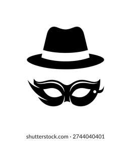 A striking black and white illustration featuring a classic fedora hat paired with an elegant masquerade mask, evoking mystery and intrigue.