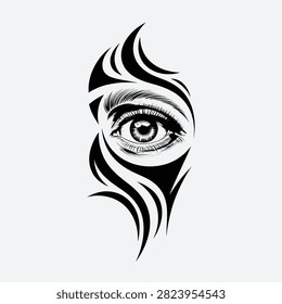 A striking black and white illustration featuring a detailed, realistic female eye with long lashes and defined brows, set within a stylized tribal flame-like silhouette resembling flowing hair. This bold contrast between fine linework and abstract negative space creates a mysterious, artistic look suitable for beauty branding, tattoo art, fashion design, and eye-catching print projects.