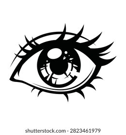 A striking black and white illustration of a human eye with long eyelashes, conveying emotion and intensity, ideal for design and artistic projects