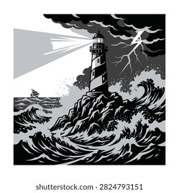 Striking black and white illustration of a lighthouse standing firm against a violent storm, featuring crashing waves, lightning, and a guiding beam of light cutting through the dark clouds.