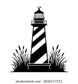 A striking black and white illustration of a lighthouse surrounded by tall grass and plants, perfect for design and editorial projects