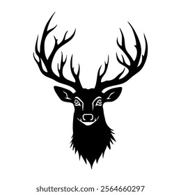 A striking black and white illustration of a majestic stag with elaborate, sweeping antlers and an expressive face