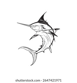 Uma impressionante ilustração em preto e branco de um espadim em movimento. O peixe é retratado com sua bico característico, barbatana dorsal e cauda poderosa, transmitindo uma sensação de velocidade e graça.