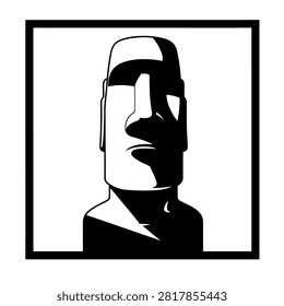 A striking black and white illustration of a Moai statue from Easter Island, highlighting its iconic features and stoic presence.