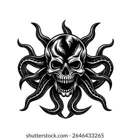 Striking Black and White Illustration of a Monster Octopus Skull with Tentacles, Nautical Gothic Tattoo Design