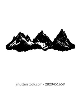 A striking black and white illustration of a mountain range featuring sharp, snow-covered peaks and rugged terrain, emphasizing natural grandeur.