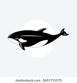 A striking black and white illustration of an orca, or killer whale, depicted as a silhouette against a light circular background, emphasizing its powerful and iconic shape.