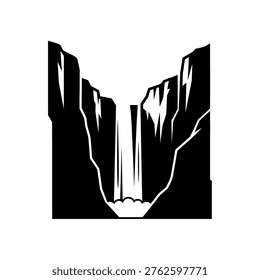 A striking black and white illustration of a powerful waterfall cascading down a deep canyon, framed by rugged rock formations.
