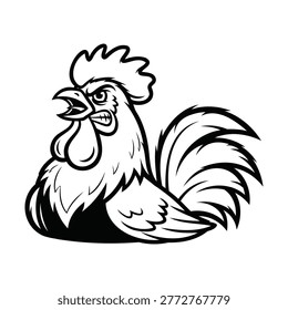 A striking black and white illustration of a rooster, showcasing its proud stance and detailed feather patterns.