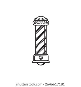 Ilustração em preto e branco impressionante mostra um tradicional polo de barbeiro com padrão listrado. O design incorpora uma estética atemporal reminiscente de barbearias à moda antiga.
