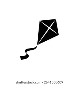 A striking black and white illustration showcasing a simplified kite design, featuring a diamond-shaped body and a fluid, wavy tail against a plain background.