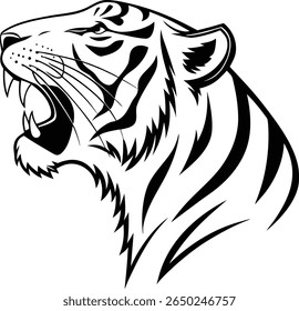 A striking black and white illustration of a tiger's head in profile. The silhouette style emphasizes its powerful roar, sharp teeth, and iconic stripes, conveying raw energy.