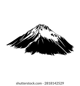 A striking black and white illustration of a towering mountain with snow-covered summit and rugged slopes, emphasizing natural grandeur.