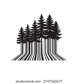 A striking black and white illustration of trees forming a barcode design