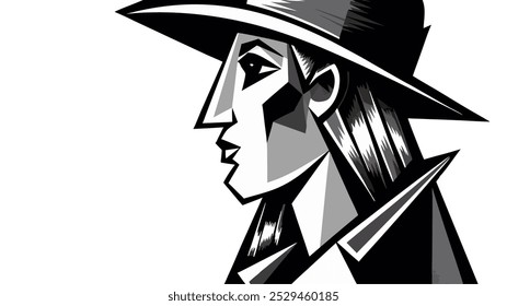 A striking black and white illustration of a woman's face, depicted in a geometric, cubist style.  The woman's gaze is directed to the side, with strong lines defining her features.