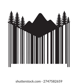 A striking black and white image combining a barcode pattern with a mountain forest