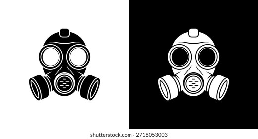 A striking black and white image depicts a classic gas mask design with contrasting backgrounds.