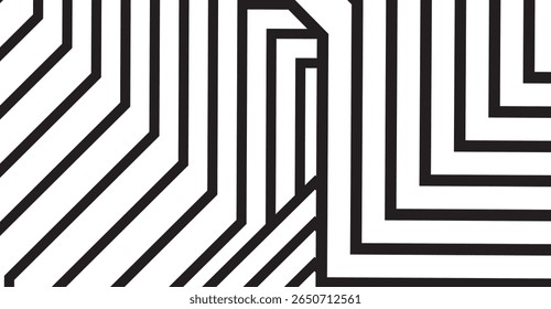 Uma impressionante imagem em preto e branco apresenta um arranjo de linhas angulares e verticais pretas, criando um padrão geométrico e abstrato semelhante a um labirinto que evoca uma sensação de modernidade
