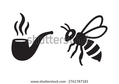 A striking black and white image features a bee alongside a curved smoking pipe.