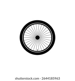 Imagem em preto e branco impressionante com uma roda de bicicleta. O design inclui raios distintos e um piso de pneu detalhado, mostrando uma ilustração gráfica.
