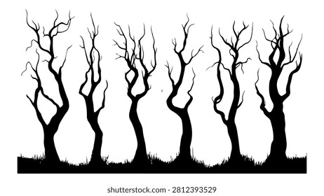 A striking black and white image of leafless trees with twisted branches, creating a dramatic natural landscape scene.