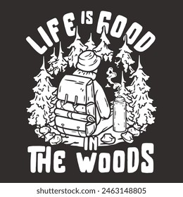 Striking black and white line art illustration depicting a peaceful camping scene in the forest, embodying the essence of outdoor adventure and the tranquility of nature.