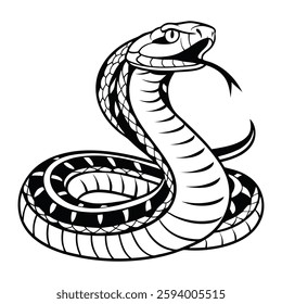 A striking black and white line art illustration of a cobra snake 