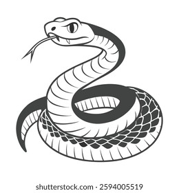 A striking black and white line art illustration of a cobra snake 