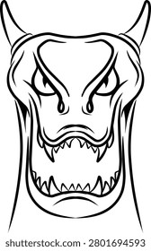 A striking black and white line art illustration of a dragon's head, showcasing sharp teeth, horns, and an intense gaze. Ideal for fantasy or mythical themes.