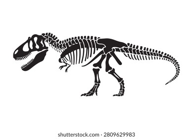 A striking black and white line drawing of a dinosaur skeleton showcasing intricate bone structure and sharp teeth. Perfect for educational materials, prehistoric-themed decor, and science-related branding.