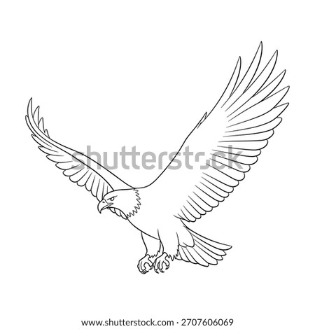 A striking black and white line drawing of a powerful eagle soaring through the air.