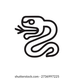A striking black and white line icon of a coiled serpent with a forked tongue. This stylized design is inspired by ancient Mesoamerican Aztec art.
