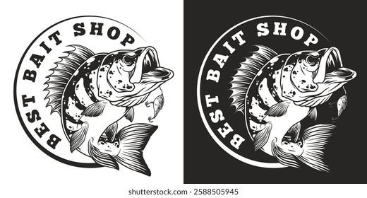 A striking black and white logo for a bait shop showcasing a stylized large fish with intricate details and a smaller fish surrounded by bold lettering stating best bait shop.