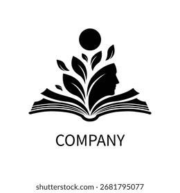 Un llamativo logotipo en blanco y negro con un libro abierto, que simboliza el conocimiento, con una silueta de cabeza humana y hojas florecientes que representan el crecimiento y el intelecto.
