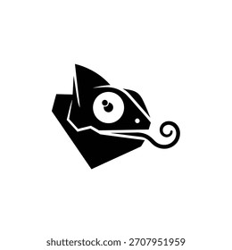 Un llamativo logotipo en blanco y negro con la cabeza de un camaleón con una lengüeta rizada, con una forma geométrica, creando un diseño moderno y llamativo.