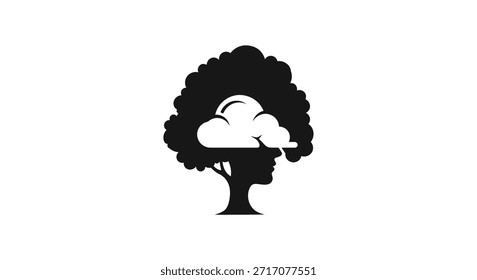 Un llamativo logotipo en blanco y negro con un árbol con la silueta de una cabeza humana que forma su tronco y una forma de nube que representa el cerebro, simbolizando el pensamiento, la naturaleza y el crecimiento.