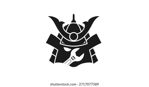 Un llamativo logo en blanco y negro con un casco de samurai con una llave integrada en su diseño, que simboliza la fuerza, la precisión y la artesanía.