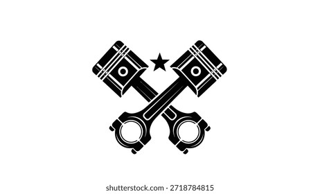 Un llamativo logotipo en blanco y negro con dos pistones de motor cruzados con una estrella centrada sobre su intersección, que simboliza la potencia y el rendimiento.